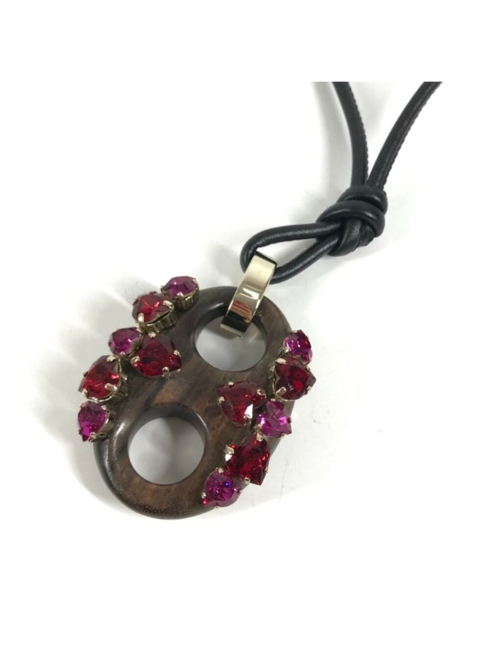 Gucci Necklace Rhinestone Heart GG Logo Marina Leather Wood Brown